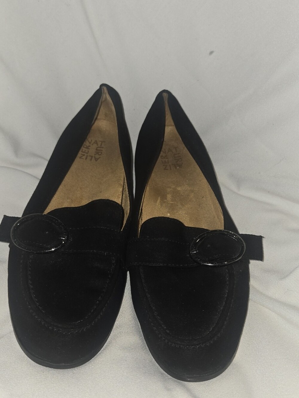 Naturalizer Black Suede Loafers with Shiny Buckle